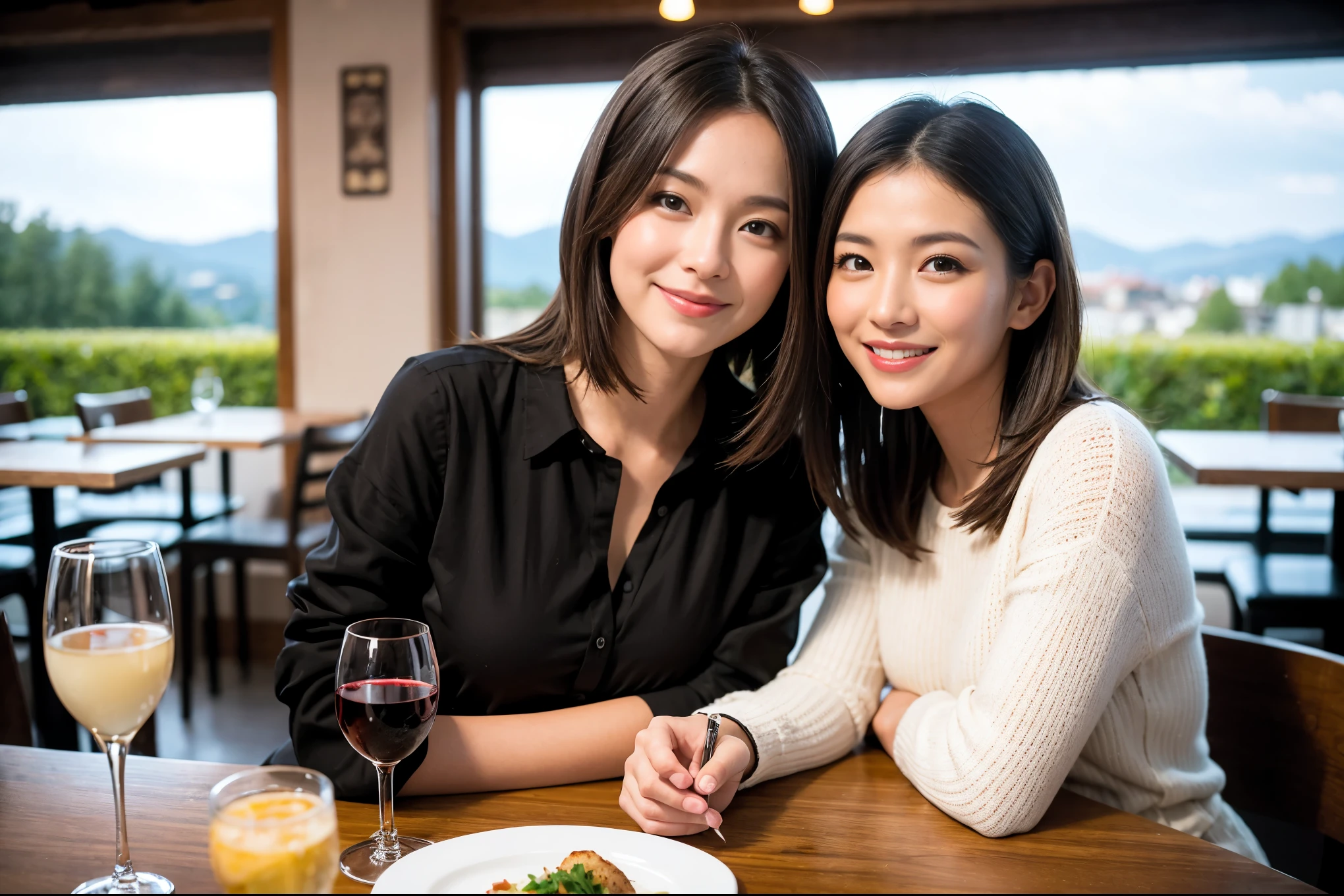 ((highest quality、8k、masterpiece:1.3))、1 male、1 female、石原さとみ似美女Couple、Spouse、Couple、The body is slim、((Bob Hale、Straight hair:1.2)), (Realistic, Intricate details:1.2), テーブルの上のwine glass、Put the light on your face、 Amazing view of the sunset sky and clouds、Amazing mountain views、A bright smile、The wonderfulness of smile、Bright image、The beauty of wine, Beautiful Face, blue eyes, The light shines on your face, Blushing, short hair,Bright Face、 (Age 37), "Age 35, red wine 、Appetizers、Italian food、Wine bottle、Champagne、sparkling wine、Two beauties、Brown Hair、Shortcuts、Long sleeve shirt、dress、Pretty Woman 1, (slimな顔), (The body is slim), (Brown Hair), (Shortcuts), cheeks turn a little red,Attractive beauty、restaurant, In a prominent place (From the waist up) Nova Frog Style, actress, model, Upper Body, White wine, slim, wine glass, 中央に置かれたwine glass, smile, (smile: 1.15), Beautiful fine grain, Depth f/2,saturation, High Contrast, Strong light and shadow,Moist Body:1.5、3D texture、Delicate eyes、Brown Hair、The hair is very shiny、