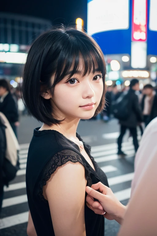 (((A girl meeting someone in front of Shibuya Station、The man filming it)))、(High resolution:1.3), (16k, Photorealistic, Raw photo, Best image quality: 1.4), Japanese, (One Girl), (Black-haired、short hair:1.3), Beautiful Hairstyles, (Realistic Skin), Beautiful skins, attractive, 超A high resolution, Surreal, High detail, Golden Ratio, Highly detailed cute girl,(20-year-old)