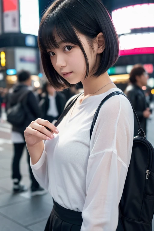 (((A girl meeting someone in front of Shibuya Station、The man filming it)))、(High resolution:1.3), (16k, Photorealistic, Raw photo, Best image quality: 1.4), Japanese, (One Girl),  (Black-haired、short hair:1.3), Beautiful Hairstyles, (Realistic Skin), Beautiful skins, attractive, 超A high resolution, Surreal, High detail, Golden Ratio, Highly detailed cute girl,(20-year-old)