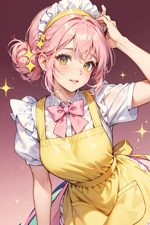 Ms. Apron has a round pale pink body, oval-shaped eyes, and pink cheeks. She wears a yellow apron and two pink bows on her head. SPARKLE; GLITTER