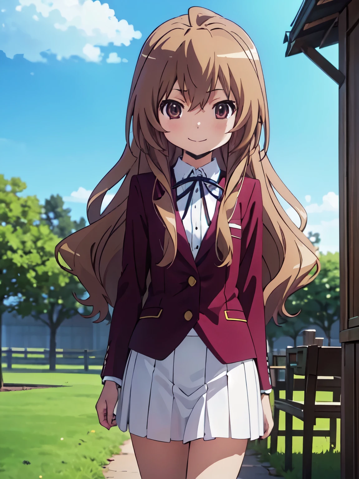 highest quality, masterpiece,smile、(Anime illustration style:1.3),taiga aisaka,garden、grassland、masterpiece,highest quality,High resolution,Super detailed, One girl, View Viewer, taiga aisaka,, blazer,Closed Mouth