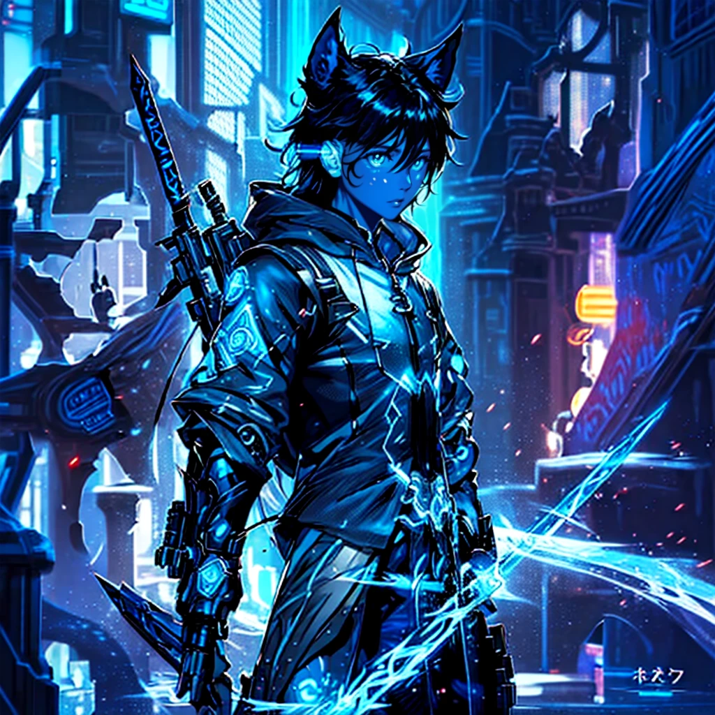 a wizard with a human face and dark blue wolf ears, secret agent in a suit, with a dagger with glowing magic carvings, ice-colored reflective suit, energy suit, light blue skin, bluish silver, manga art, glowing eyes, fantasy RPG, tanned skin, neon punk, art book, Studio ghibli, deep setting, in the middle of a retro cyber punk magical metropolis, magical light reflected in the hair and ear, aura light, dynamic pose, side view, anime style old