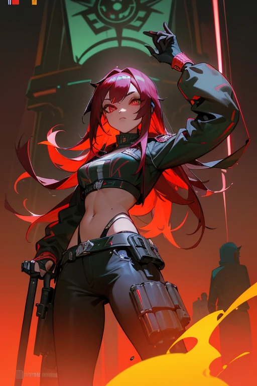 (Una mujer)(Rebecca CYBERPUNK)(color de pelo verde)(piel palida)(ojos rojo y verde)(estatura 1'65)(Chaqueta negra)(En bikini)(fondo ciudad  CYBERPUNK)(cara irononica)(sentas en un capo de un carro)(arma en cintura)(fondo 4k)(detallada)