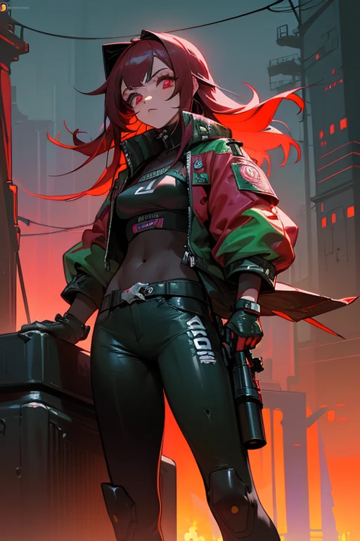 (Una mujer)(Rebecca CYBERPUNK)(color de pelo verde)(piel palida)(ojos rojo y verde)(estatura 1'65)(Chaqueta negra)(En bikini)(fondo ciudad CYBERPUNK)(cara irononica)(sentas en un capo de un carro)(arma en cintura)(fondo 4k)(detallada)