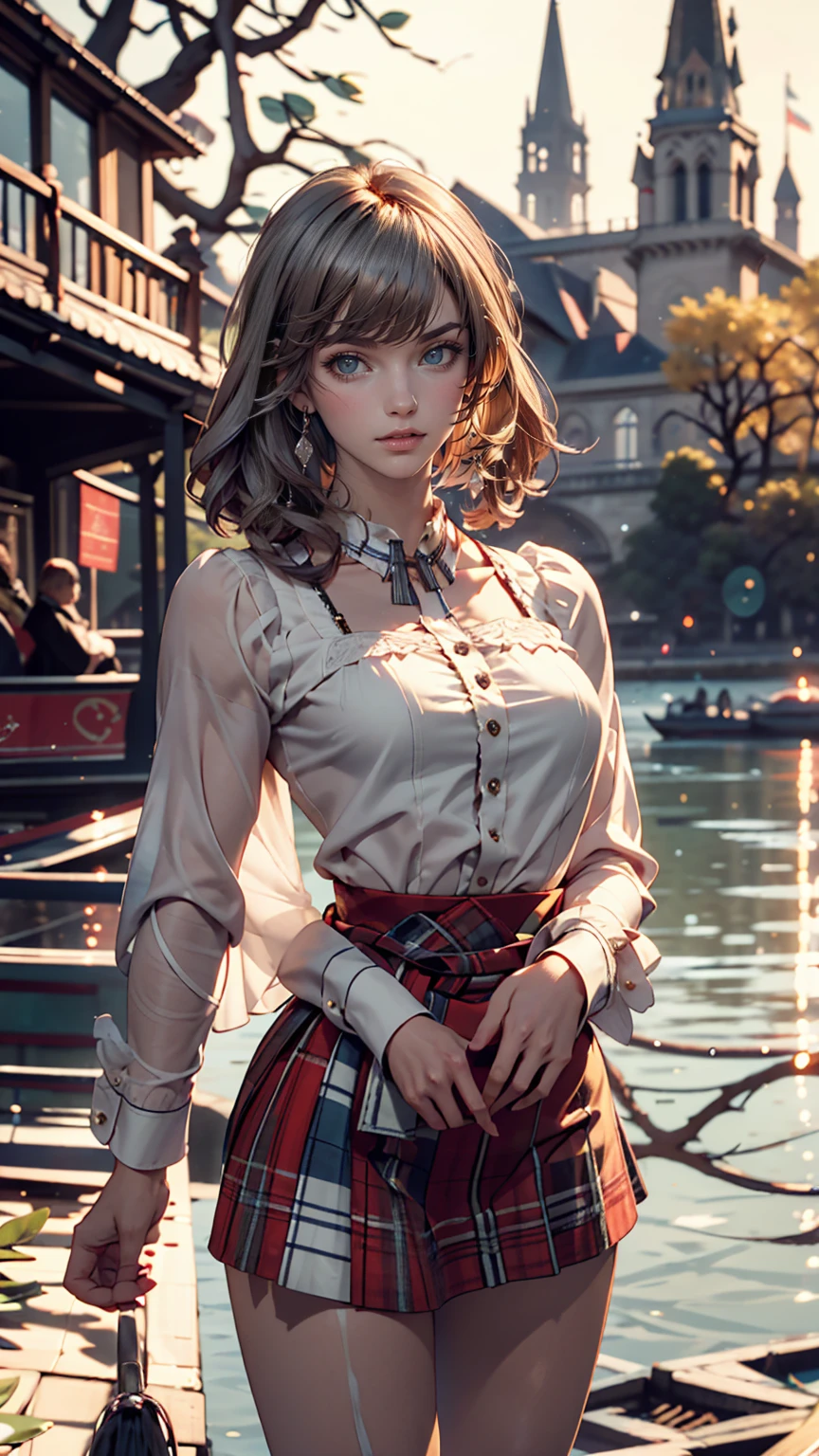 Claude Monet((Claude Monet))、Argenteuil riverside promenade、White woman、Wearing a red tartan mini skirt、Wearing a floral blouse、Silver Hair、blue eyes、Straight long hair_Hair reaching down to the waist、A shy smile