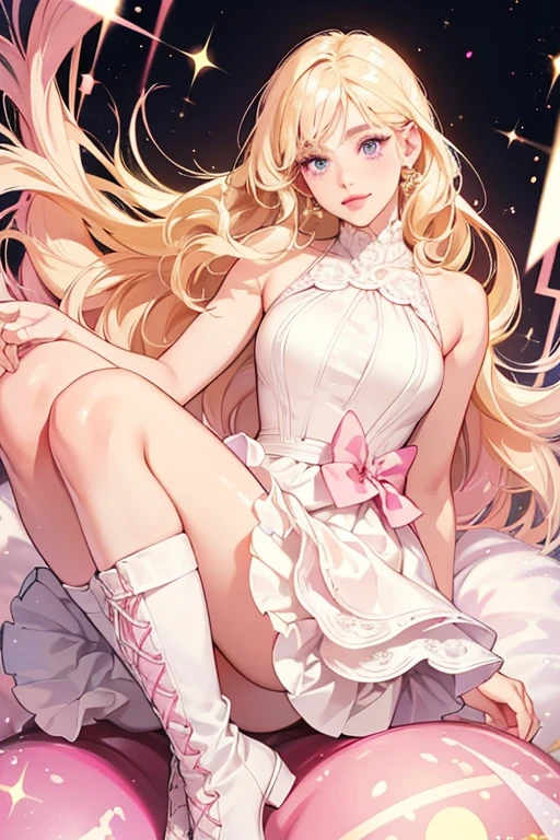 Ms. Blonde has cream coloured skin, a big pink lips and blonde hair. She also has pink cheeks and a mole above her lips, next to her left cheek. She wears a white dress and light pink boots. SPARKLE; GLITTER