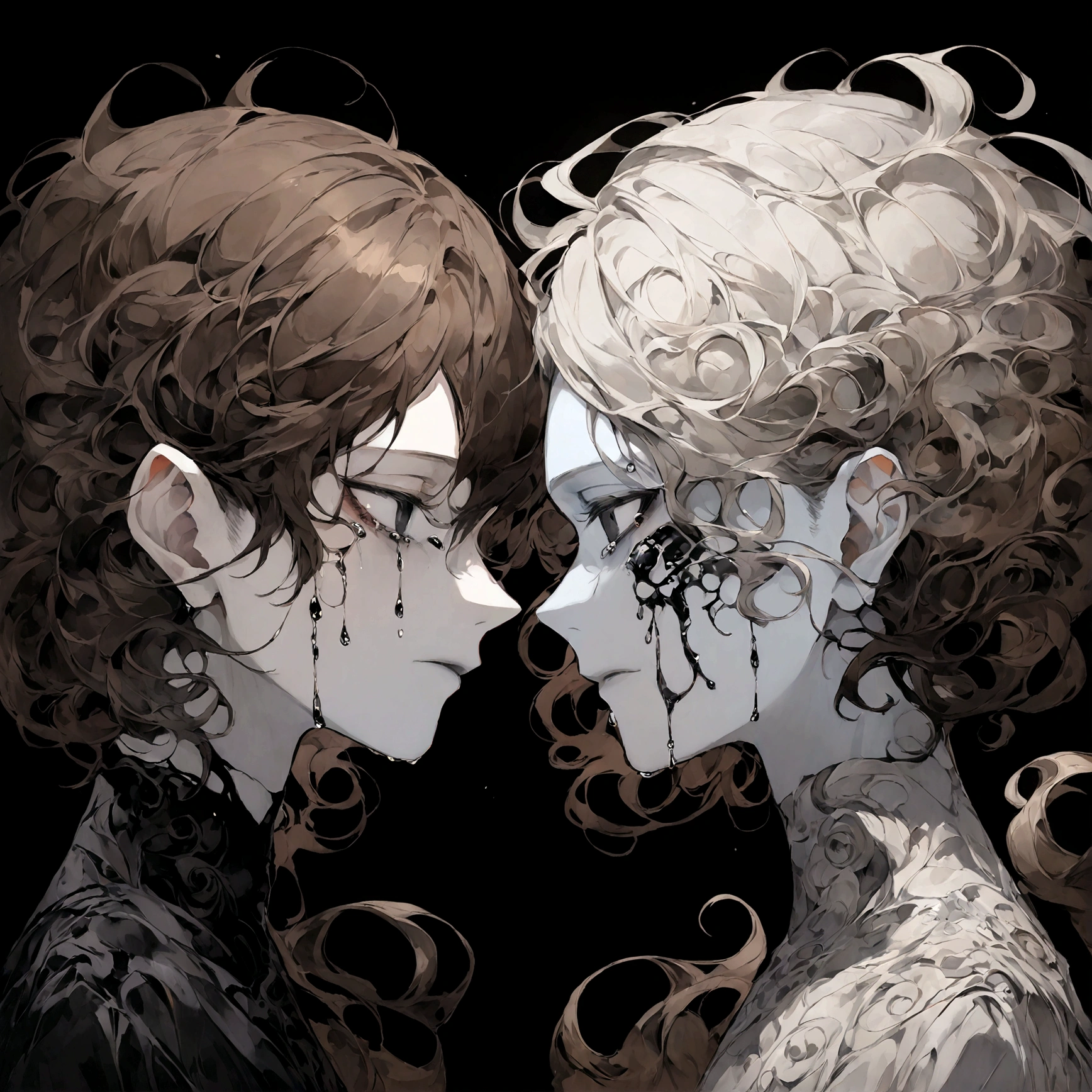 a portrait of a pale skinned male with short brown hair and grey skin crying black tears with black eyes, swirling dark backround, edgy aesthetic, side profile