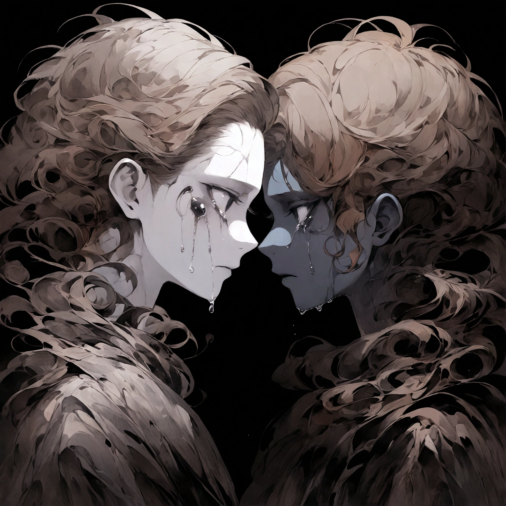 a portrait of a pale skinned male with short brown hair and grey skin crying black tears with black eyes, swirling dark backround, edgy aesthetic, side profile