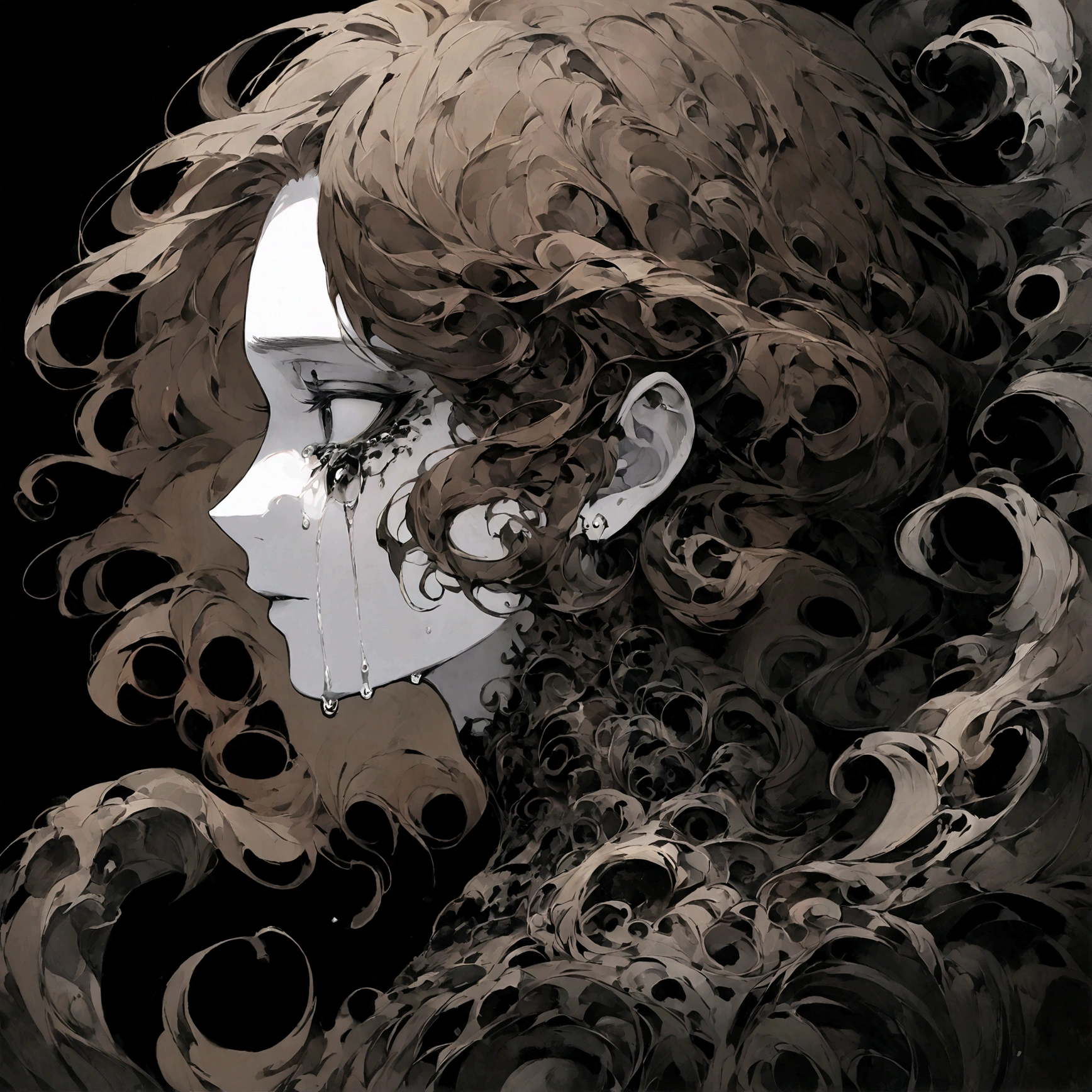 a portrait of a pale skinned male with short brown hair and grey skin crying black tears with black eyes, swirling dark backround, edgy aesthetic, side profile