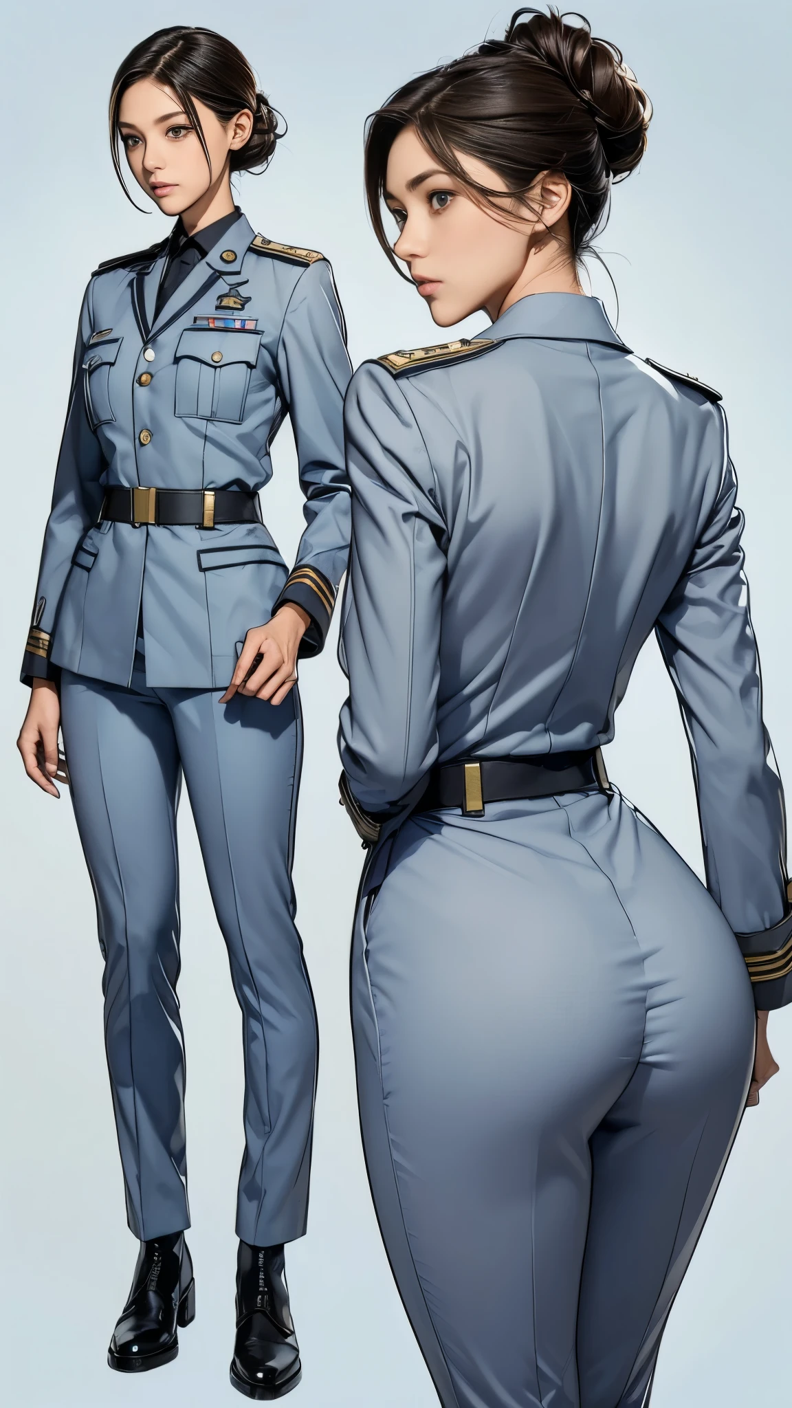 ((masterpiece)),(((highest quality))),((Reference Sheet, Character Design, front, return, ~ ~ side, Mr..々Hairstyle, Mr..々Performance, Facial Expressions)), -yeld gi Cute type, (Very slim:1.4), (Very small ass:1.4), Realistic buttocks, (Big Breasts:1.3), Short Bob, Thin thighs, Long legs, It's not a big deal,(A female Earth Federation officer is walking), (Wearing Earth Federation military uniform, Light grey and light blue military uniform),(Worn by federal government employees'White Hat:1.5)