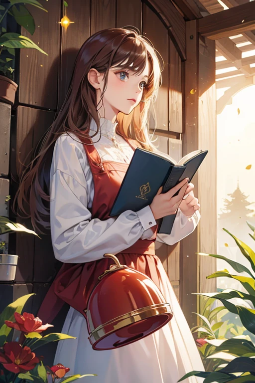 Ms. Flower looks like a large flower with red petals and a yellow center. She holds a book in her right hand, and watering can in her left . SPARKLE; GLITTER