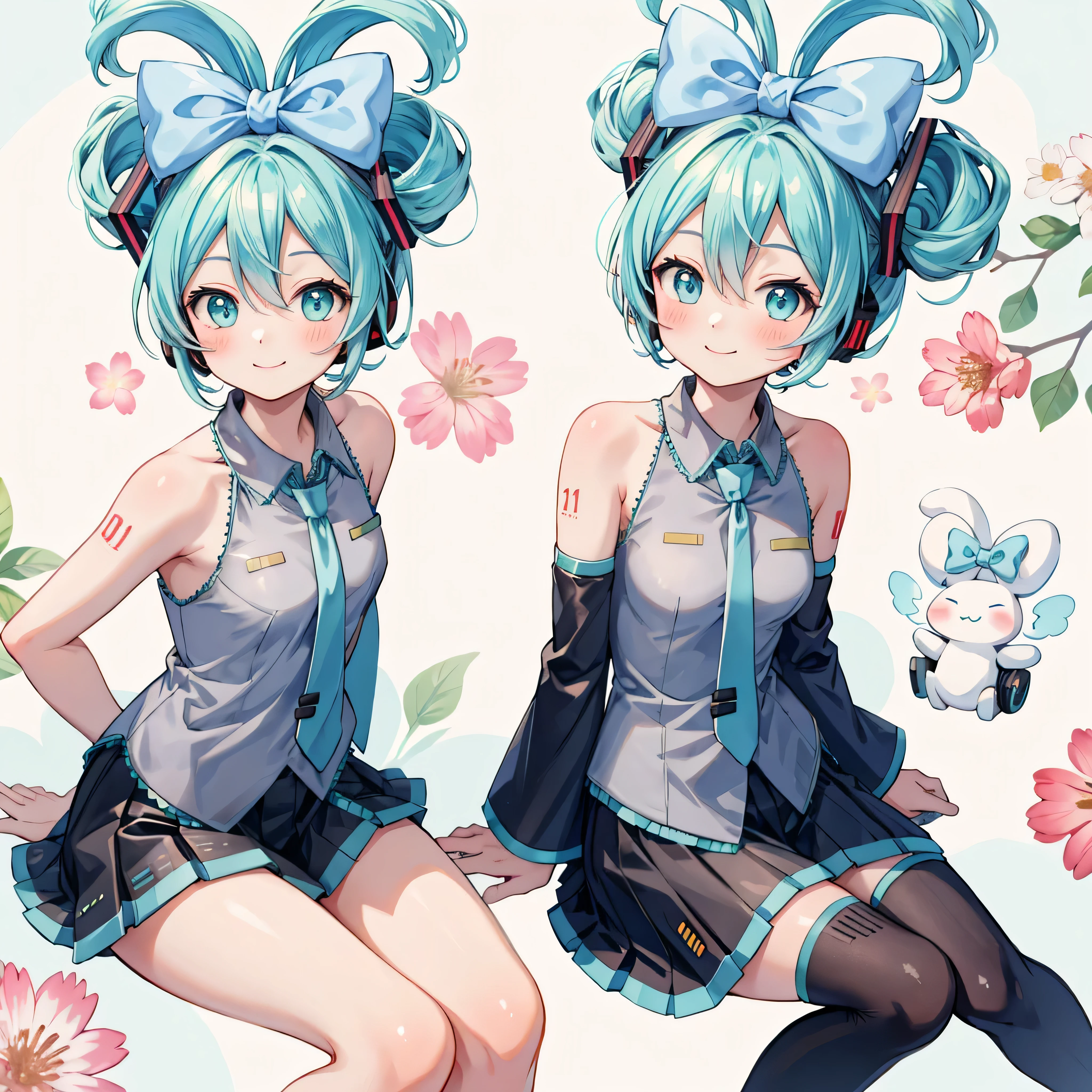 Cinnamiku, short hair, whole body,smile, blush, Sitting, Floral Background