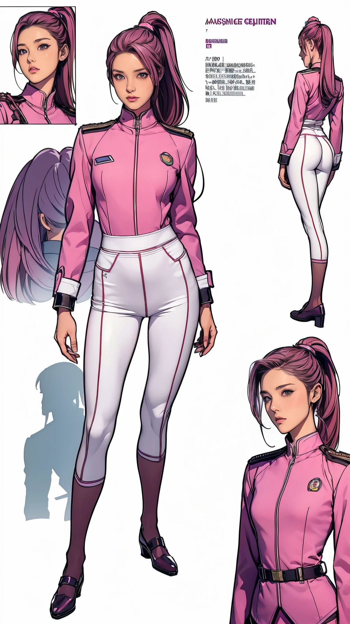 ((masterpiece)),(((Highest quality))),((Reference Sheet, Character Design, front, return, ~ ~ side, Mr..々Hairstyle, Mr..々Performance, Facial Expressions)), -yeld gi Cute type, (Very slim:1.4), (Very small ass:1.4), Realistic buttocks, Big Breasts, Short Bob, Thin thighs, Long legs, ((Light Pink Enamel Power Rangers、Big Breasts、Cover all breasts at all times、Wearing a light pink leather full body suit、Large emblem on the chest、Always wear a belt with a large buckle, White suit、Truly a Sentai hero)), ((Browsing Caution:1.0))