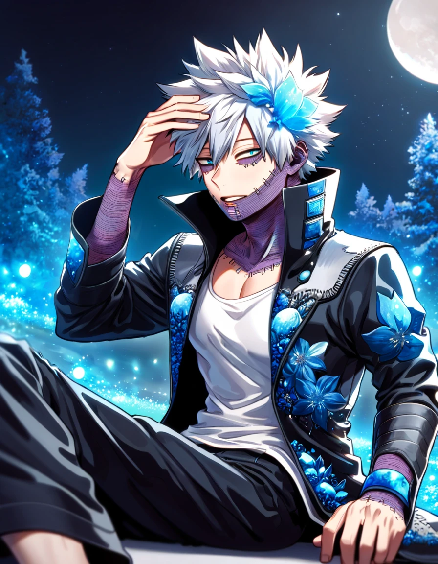absurdres, highres, ultra detailed, HDR, master piece, best quality, Dabi, white hair spiked around his head, expressive turquoise eyes, Boku No Hero Academia, black coat with high collar, white T-shirt, solo, sexy man sitting, handsome, moon, blue forest, blue fireflies, blue flowers, magical, fantasy