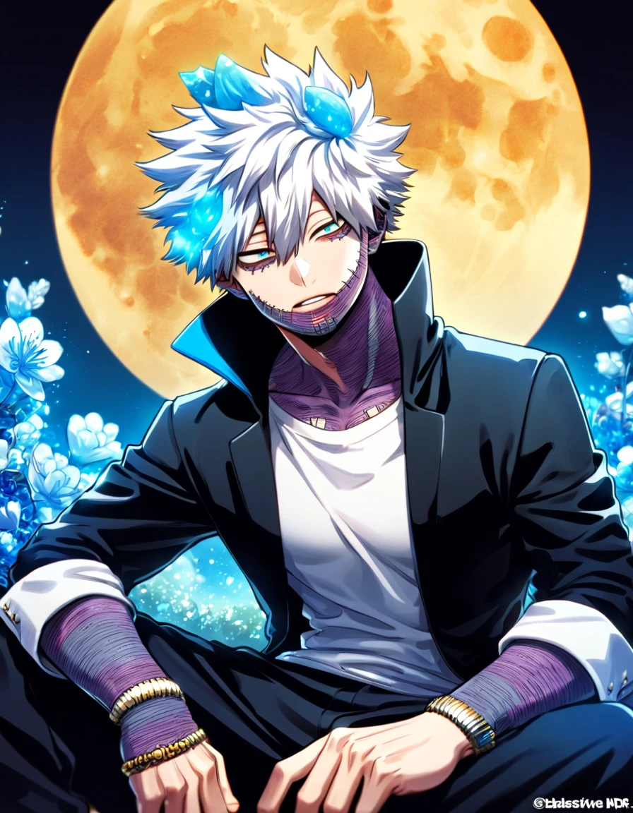 absurdres, highres, ultra detailed, HDR, master piece, best quality, Dabi, white hair spiked around his head, expressive turquoise eyes, Boku No Hero Academia, black coat with high collar, white T-shirt, solo, sexy man sitting, handsome, moon, blue forest, blue fireflies, blue flowers, magical, fantasy