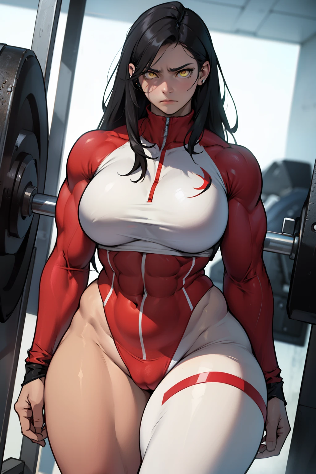 wide hips curvy thick thighs voluptuous large breasts muscular toned body bodybuilder black hair pale skin yellow eyes skintight expressionless sad expressionless sad expressionless sad