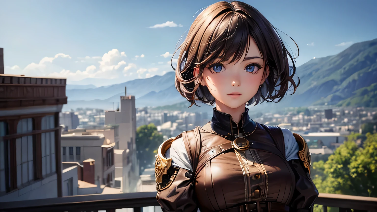 Beautiful woman 1.3, Beautiful brown short hair: 1.2, , Steampunk landscape: 1.2,In town: 1.1, Ultra-high resolution, Accurate, Super detailed, Textured skin, High detail, highest quality, 8k,Thin bangs,Upper Body,Well-drawn eyes, Focus on the face,steampunk outfit,Steampunk Gadgets,Detailed hair depiction,Detailed depiction of eyes、Detailed depiction of hair、vapor、Upper Body、spirit