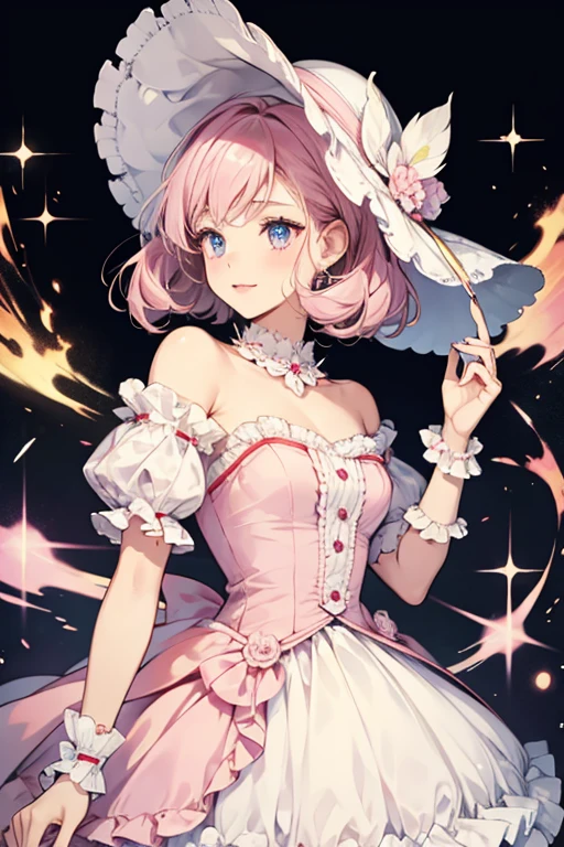 Ms. Frill has a round light pink body, black oval-shaped eyes, and pale pink cheeks. She wears a frilly two-layer skirt and a frilly bonnet. SPARKLE; GLITTER