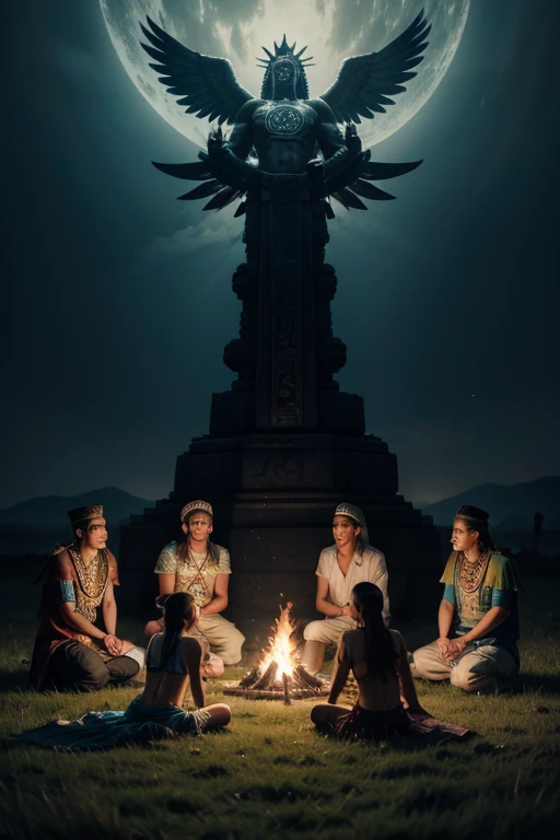 The Aztec gods Tlaloc Quetzalcoatl Huitzilopochtli and other gods gathered on the grass in the dark talking about important topics 