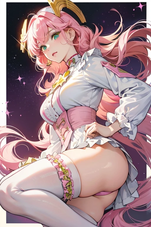 Hakubanko has a white, rectangle-shaped face with a light yellow border. She has frilly light yellow bangs, with two curls of pink hair down the sides similar to Pianitchi. She wears a dark pink business suit and red-violet stockings. She has pink cheeks and green eyes with white stars in the middle. SPARKLE; GLITTER