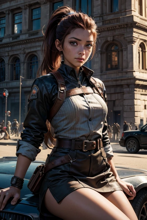 
iliaamitola, ilia amitola, smiling, long hair, blue eyes, brown hair, ponytail, dark skin, dark-skinned female, BREAK khaki mini dress belts, BREAK outdoors, sitting near river running next to colosseum, bonfires, wrecked vehicles, crowd, (crowd in military dress), post-apocalypse, dystopian future, crowd, (crowd in military uniforms), (volumetric lighting), best quality, masterpiece, intricate details, tonemapping, sharp focus, hyper detailed, BREAK looking at viewer, (cowboy shot:1.5), BREAK (masterpiece:1.2), best quality, high resolution, unity 8k wallpaper, (illustration:0.8), (beautiful detailed eyes:1.6), extremely detailed face, perfect lighting, extremely detailed CG, (perfect hands, perfect anatomy), 
