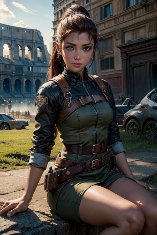 iliaamitola, ilia amitola, smiling, long hair, blue eyes, brown hair, ponytail, dark skin, dark-skinned female, BREAK khaki mini dress belts, BREAK outdoors, sitting near river running next to colosseum, bonfires, wrecked vehicles, crowd, (crowd in military dress), post-apocalypse, dystopian future, crowd, (crowd in military uniforms), (volumetric lighting), best quality, masterpiece, intricate details, tonemapping, sharp focus, hyper detailed, BREAK looking at viewer, (cowboy shot:1.5), BREAK (masterpiece:1.2), best quality, high resolution, unity 8k wallpaper, (illustration:0.8), (beautiful detailed eyes:1.6), extremely detailed face, perfect lighting, extremely detailed CG, (perfect hands, perfect anatomy),