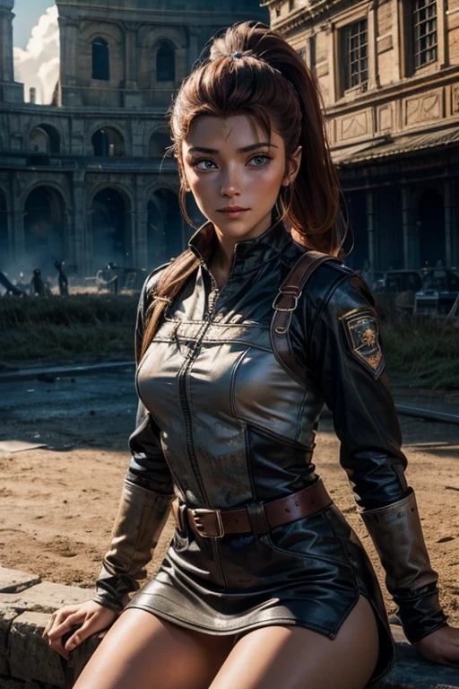 iliaamitola, ilia amitola, smiling, long hair, blue eyes, brown hair, ponytail, dark skin, dark-skinned female, BREAK khaki mini dress belts, BREAK outdoors, sitting near river running next to colosseum, bonfires, wrecked vehicles, crowd, (crowd in military dress), post-apocalypse, dystopian future, crowd, (crowd in military uniforms), (volumetric lighting), best quality, masterpiece, intricate details, tonemapping, sharp focus, hyper detailed, BREAK looking at viewer, (cowboy shot:1.5), BREAK (masterpiece:1.2), best quality, high resolution, unity 8k wallpaper, (illustration:0.8), (beautiful detailed eyes:1.6), extremely detailed face, perfect lighting, extremely detailed CG, (perfect hands, perfect anatomy),