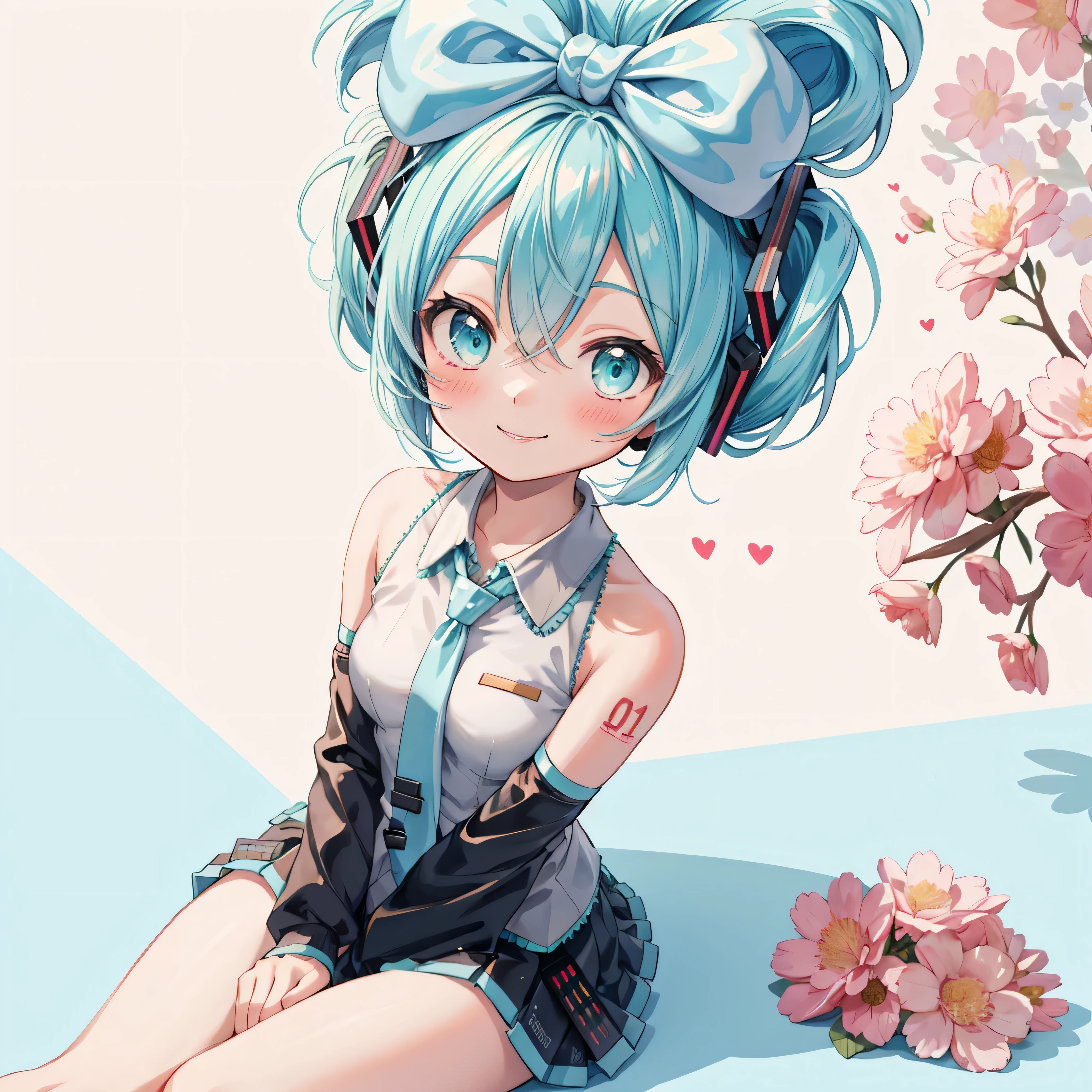Cinnamiku, short hair, whole body,smile, blush, Sitting, Floral Background