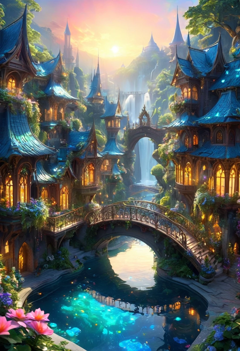 In The Heart Of An Enchanted Forest, A Colossal Tree Houses A Breathtaking Fairy Tale City. Delicate Crystal And Wood Homes, Connected By Vine-Like Bridges, Sparkle In Dappled Sunlight, While Waterfalls Cascade From High Branches Into Crystal-Clear Pools Surrounded By Vibrant Flowers. At The City's Heart Stands The Grand Silver Palace Of The Fairy Queen, Its Spires Adorned With Jewels. At Twilight, Glowing Orbs Illuminate The Pathways, Casting An Ethereal Light And Creating A Celestial Canopy, Transforming The City Into A Realm Of Pure Enchantment.
