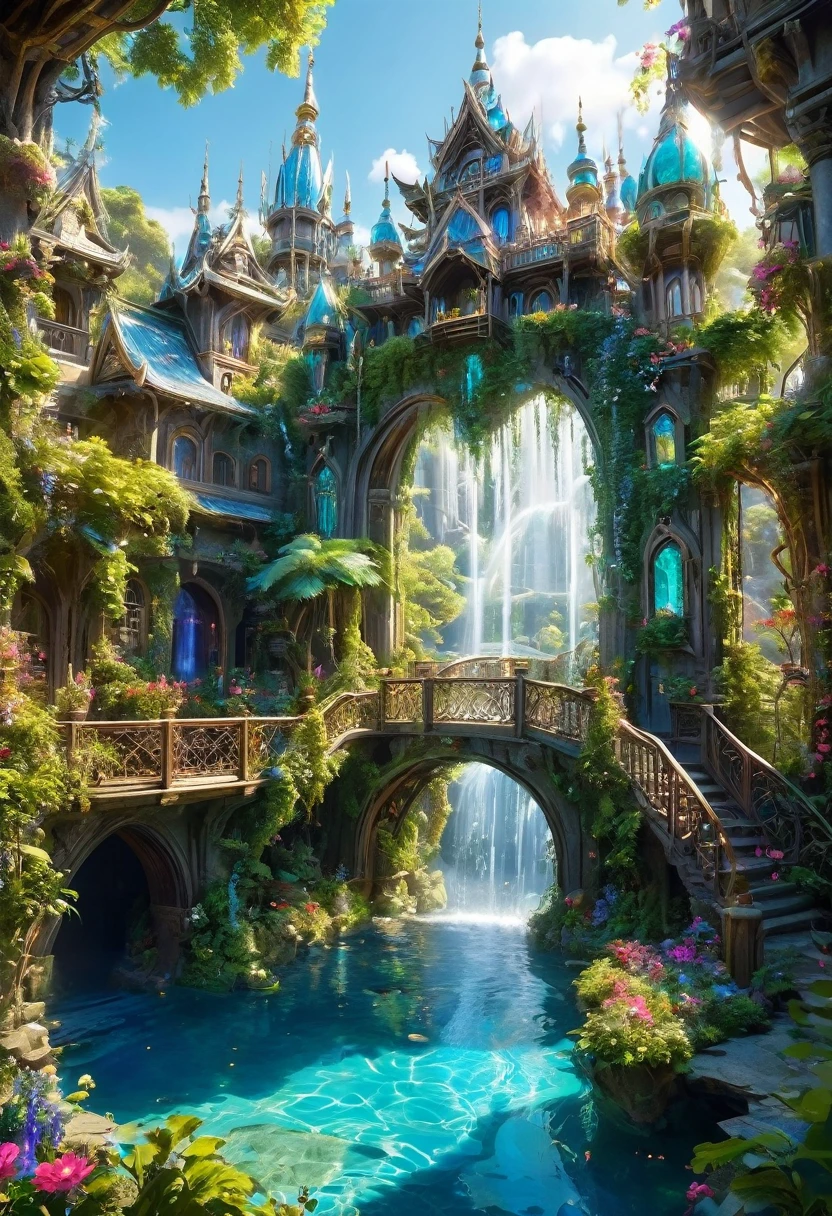 In The Heart Of An Enchanted Forest, A Colossal Tree Houses A Breathtaking Fairy Tale City. Delicate Crystal And Wood Homes, Connected By Vine-Like Bridges, Sparkle In Dappled Sunlight, While Waterfalls Cascade From High Branches Into Crystal-Clear Pools Surrounded By Vibrant Flowers. At The City's Heart Stands The Grand Silver Palace Of The Fairy Queen, Its Spires Adorned With Jewels. At Twilight, Glowing Orbs Illuminate The Pathways, Casting An Ethereal Light And Creating A Celestial Canopy, Transforming The City Into A Realm Of Pure Enchantment.

