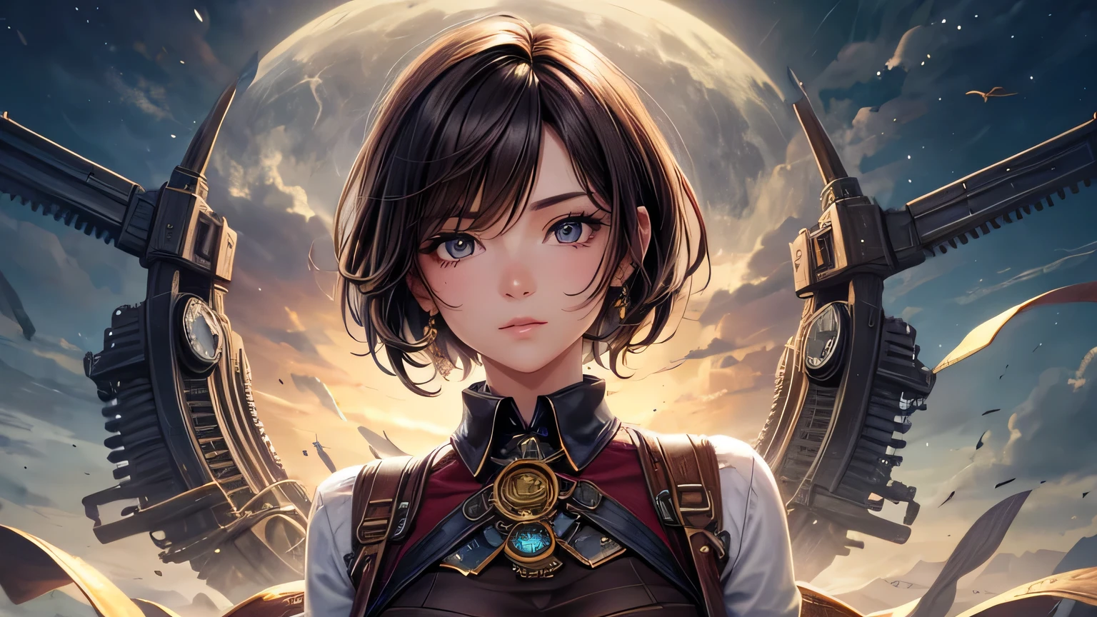 Beautiful woman 1.3, Beautiful brown short hair: 1.2, , Steampunk landscape: 1.2,In town: 1.1, Ultra-high resolution, Accurate, Super detailed, Textured skin, High detail, highest quality, 8k,Thin bangs,Upper Body,Well-drawn eyes, Focus on the face,steampunk outfit,Steampunk Gadgets,Detailed hair depiction,Detailed depiction of eyes、Detailed depiction of hair、vapor、Upper Body、spirit