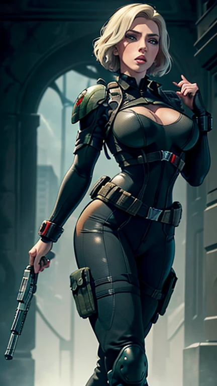 (Masterpiece),(Scarlett Johansson),(Platinum Blonde Hair),(Detailed Ass),(Detailed eyes),(Green Eyes),(Detailed Nose),(Detailed Lips),(Detailed Thighs), (Detailed Feets)(Goth Makeup),(Green Tactical Vest),(Detailed Feets), (Detailed widow bite glovelettes), Taking charge of the situation, Black Widow stands with authority, her tight suit highlighting the curves of her body, including her defined buttocks. With a commanding presence and assertive demeanor, she leads with confidence and capability,(black pants)