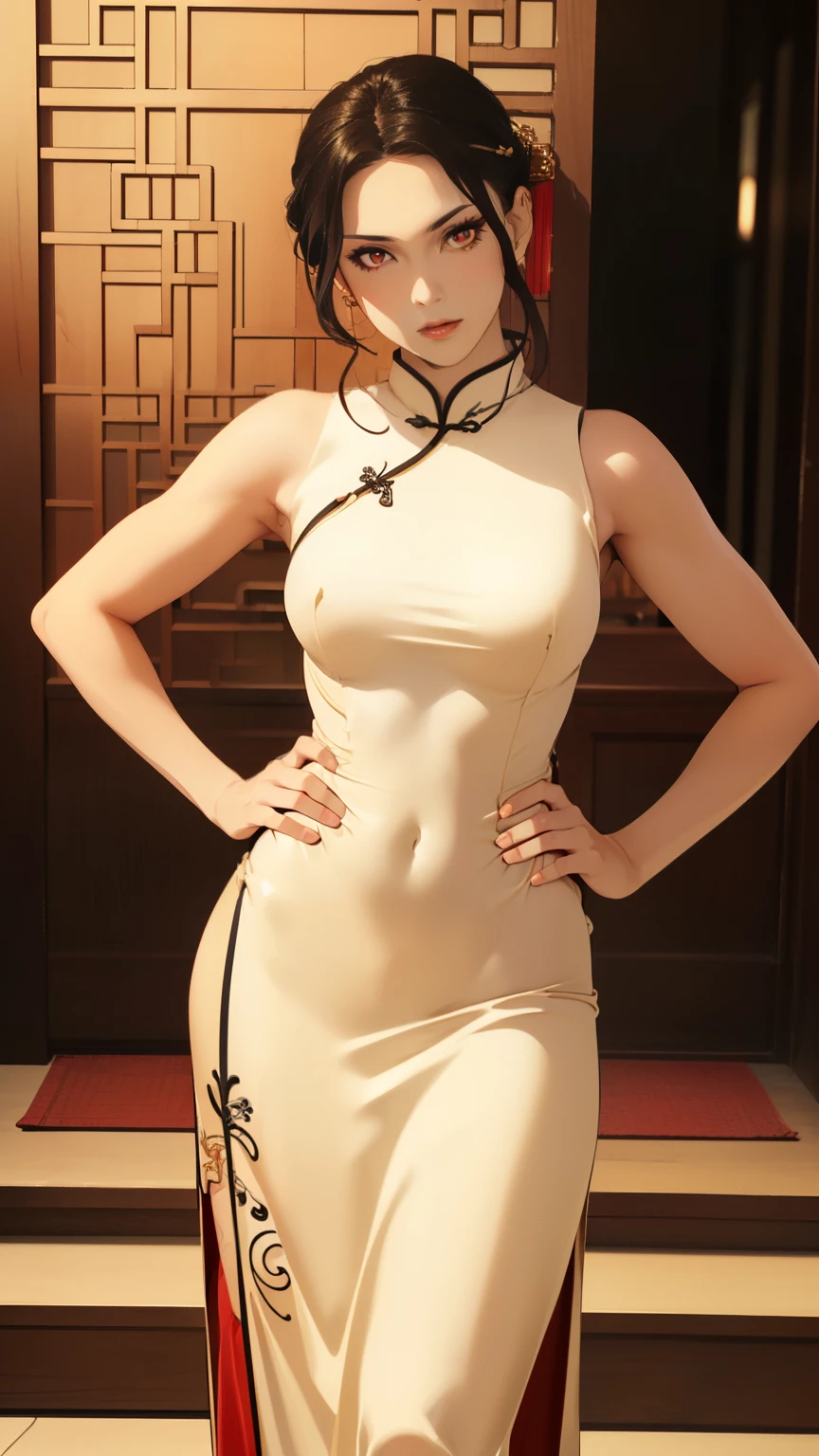 (masterpiece, best quality:1.2),((photoreal:1.1)),perfect anatomy,((solo:1.5)), ((alone)),((1 middle age woman:1.5)),(1 MILF),perfect eyes,Muzan, ((looking at viewer:1.4)),((horizontal angle)),((view from the front:1.4)),(straight-on),shooting from front,lighting from front,((sagging breasts)),((Piutuary small breasts:1.4)),((muscular:1.2),((do not hide your crotch:1.4)),(cod lips),((standing:1.3)),(holding your head high),((hands on hip bone:1.3)),delicate and beautiful,((rubber chinese dress:1.2)),(beige rubber dress),(long skirt),detailed hair,s,black hair,red eyes,french twist