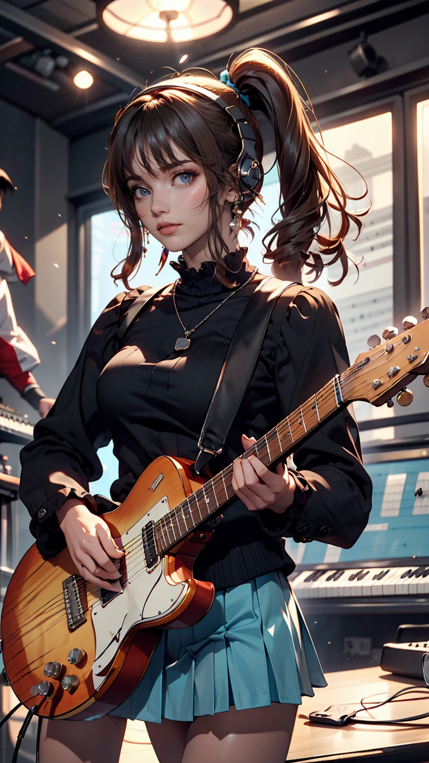 ((masterpiece, highest quality))One girl, alone, Black Dress, blue eyes, electric guitar, guitar, Headphones, Double Ponytail, Holding, Holding plectrum, musical instrument, Long Hair, music, One side up, Turquoise Hair, Twin tails, guitarを弾く, Pleated skirt, Black Shirt, interior