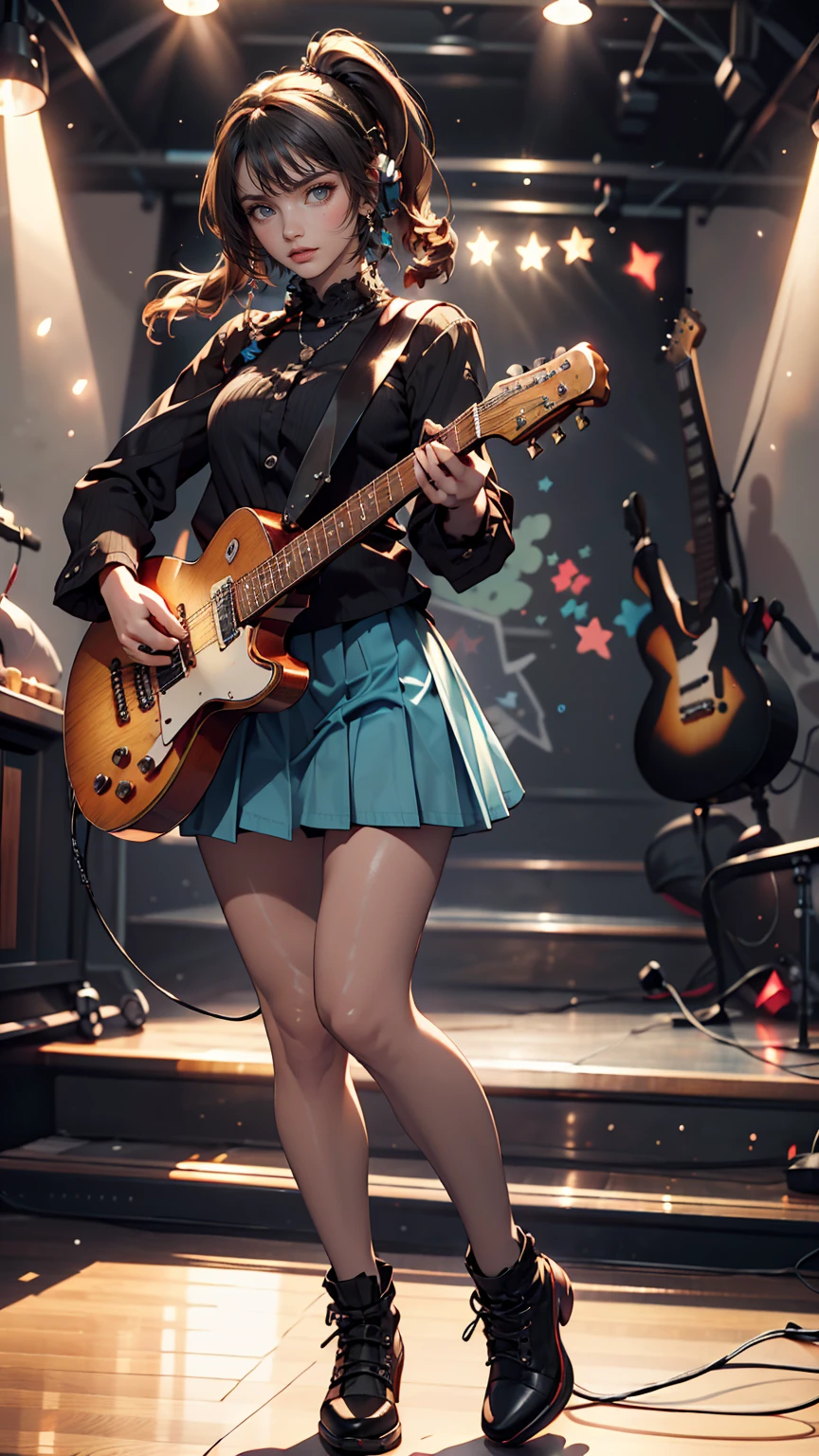 ((masterpiece, highest quality))One girl, alone, Black Dress, blue eyes, electric guitar, guitar, Headphones, Double Ponytail, Holding, Holding plectrum, musical instrument, Long Hair, music, One side up, Turquoise Hair, Twin tails, guitarを弾く, Pleated skirt, Black Shirt, interior