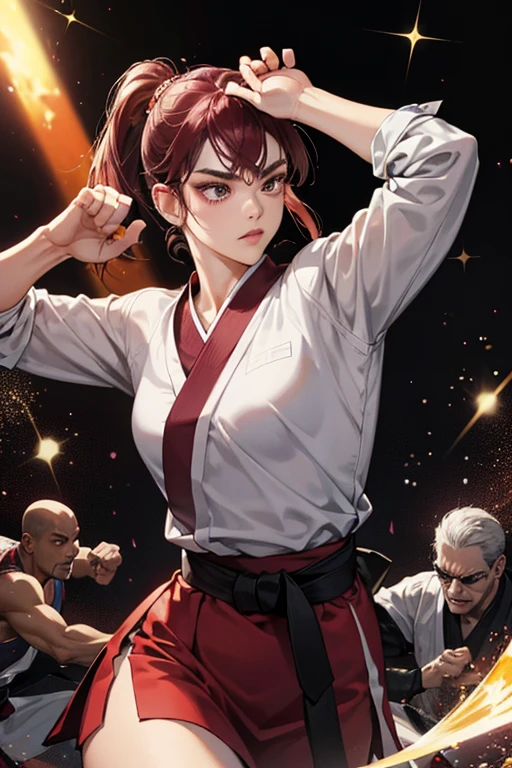 Ms. Karate looks like a maroon brick, with a pair of arms and legs and a crack next to his unibrow. sHe wears a karategi with a black belt. SPARKLE; GLITTER