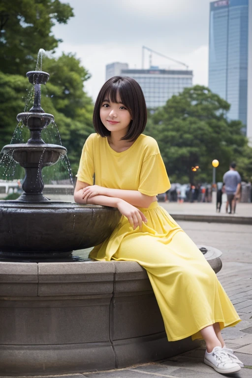 (((A girl meets in front of a city fountain、The man filming it)))、(High resolution:1.3), (16k, Photorealistic, Raw photo, Best image quality: 1.4), Japanese, (One Girl),  (Black-haired、short hair:1.3), Beautiful Hairstyles, (Realistic Skin), Beautiful skins, attractive, 超A high resolution, Surreal, High detail, Golden Ratio, Highly detailed cute girl,(20-year-old)、Yellow long skirt