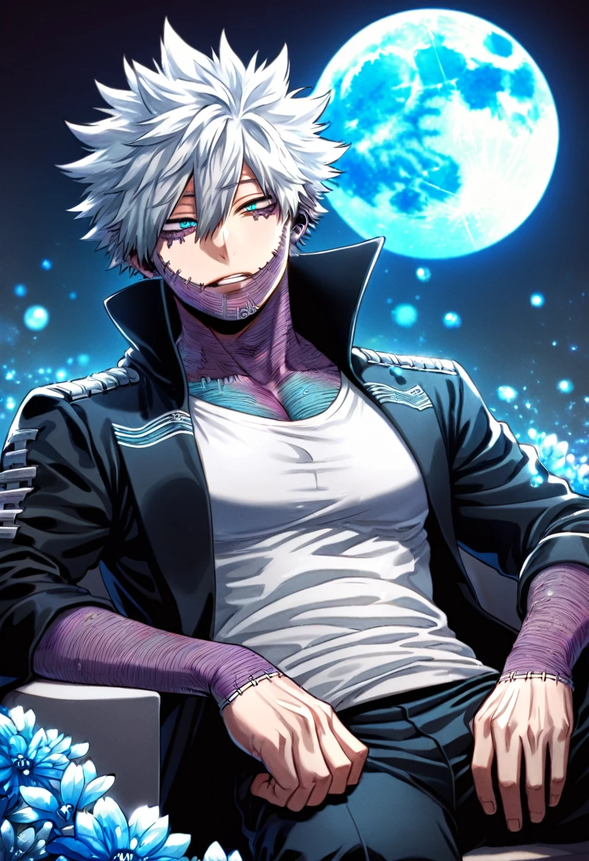 absurdres, highres, ultra detailed, HDR, master piece, best quality, Dabi, white hair spiked around his head, expressive turquoise eyes, Boku No Hero Academia, black coat with high collar, white T-shirt, solo, sexy man, sitting, handsome, toned chest, blue moon, blue forest, blue fireflies, blue flowers, magical, fantasy
