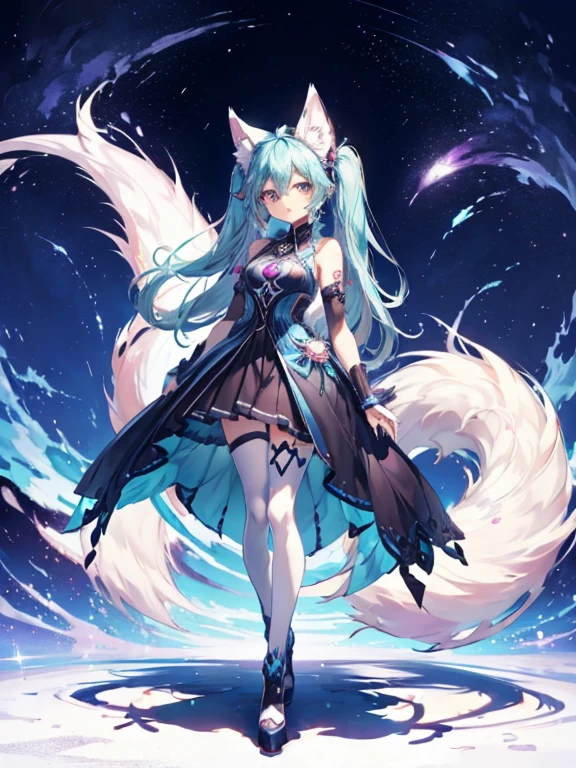 Hatsume miku x suicune , kitsune ears, art by dark natasha, jardin zen, art by dark natasha, art by vixen aztra, cuerpo completo, platas hermosas, cintura delgado, caderas amploas, piernas torneadas, hermosa, fullbody picture, recostada en una cama, mirada coqueta al expectador, standing ((upper leg coquetamente))