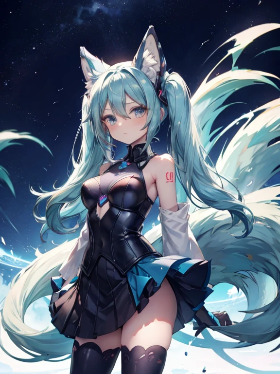 Hatsume miku x suicune , kitsune ears, art by dark natasha, jardin zen, art by dark natasha,  art by vixen aztra, cuerpo completo, platas hermosas, cintura delgado, caderas amploas, piernas torneadas, hermosa, fullbody picture, recostada en una cama, mirada coqueta al expectador, standing ((upper leg coquetamente))