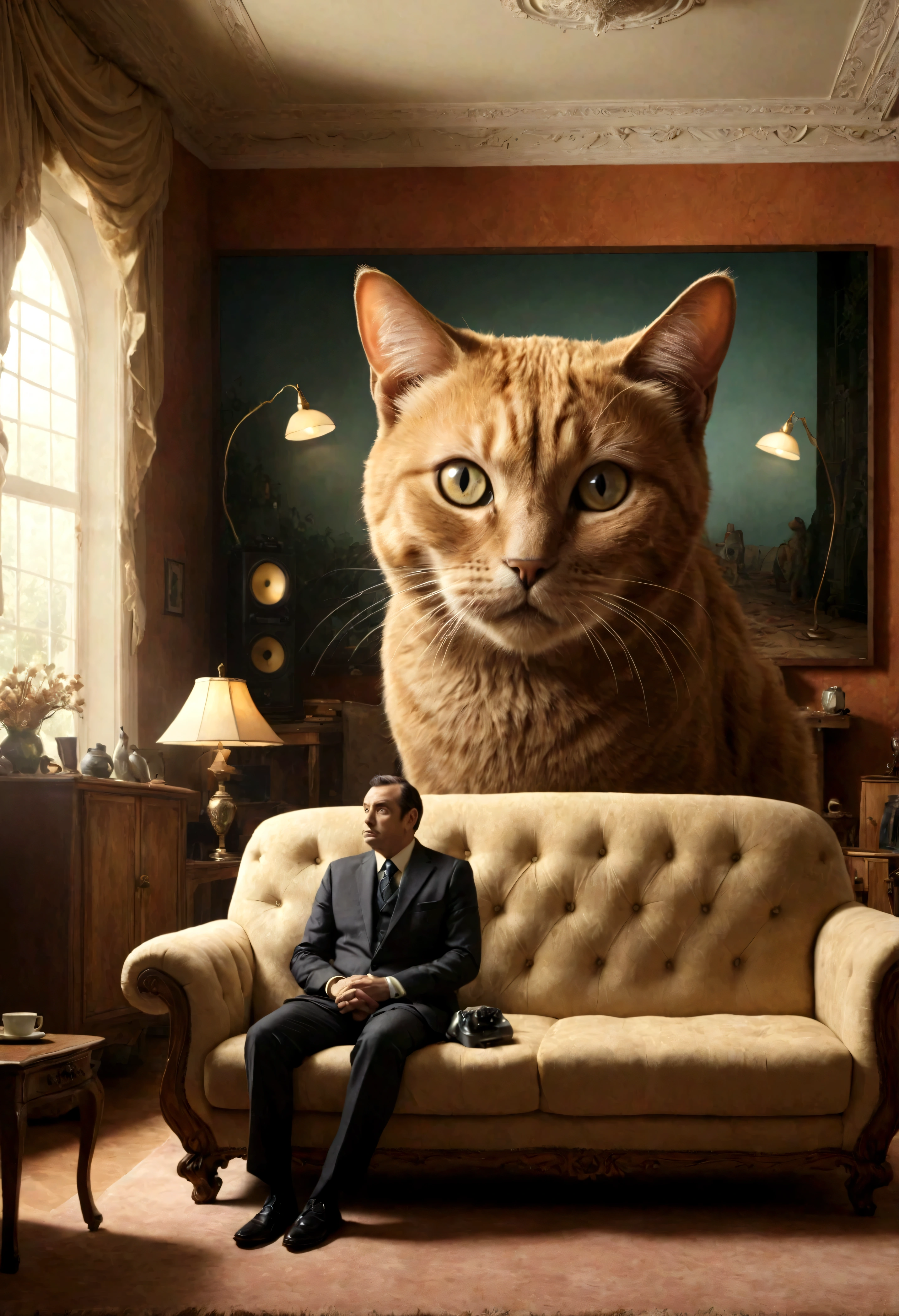 Giant cat in the room，indoor，living room，sofa，TV set，Look at the audience，Surrealism