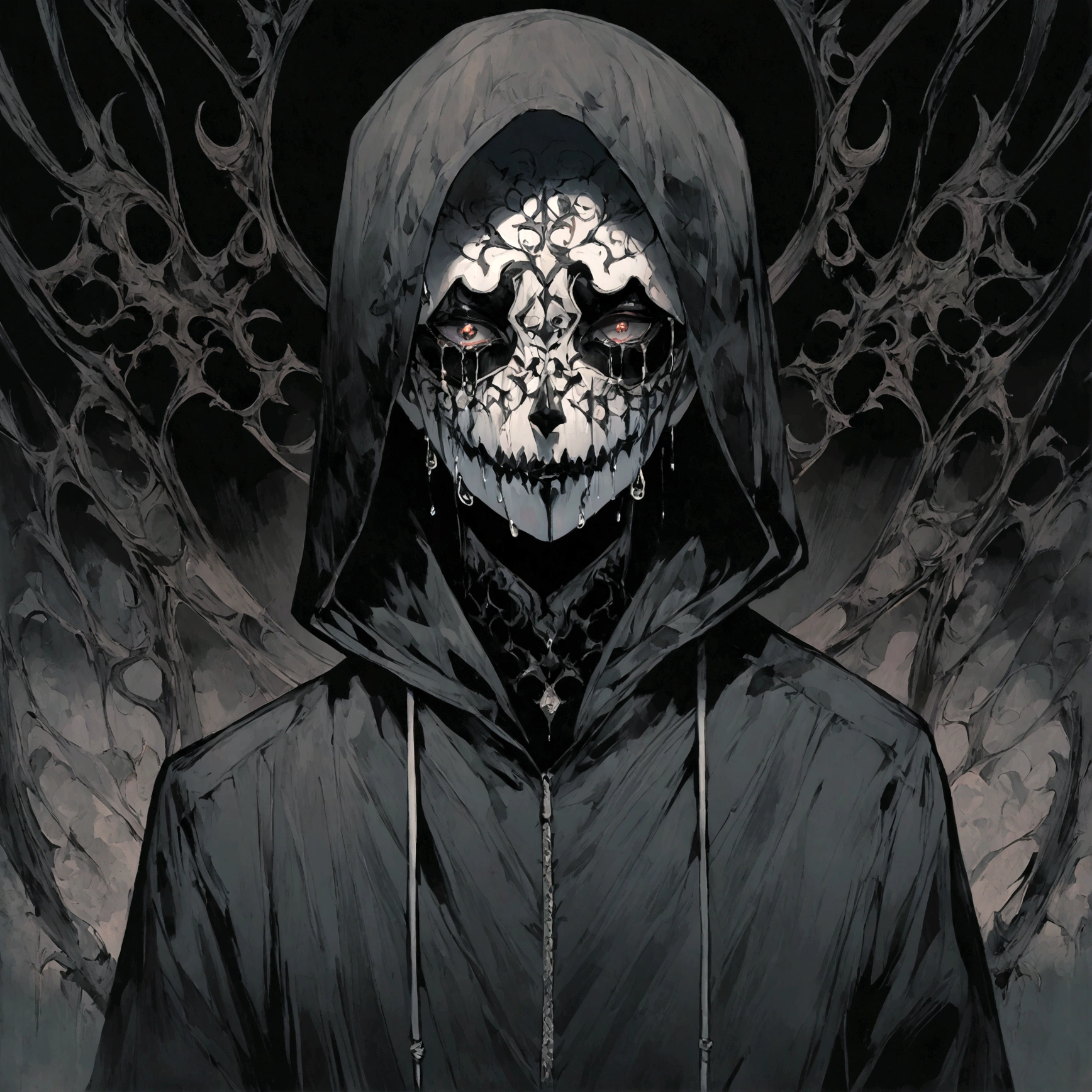 a male with a hooded sweatshirt on wearing a scary mask crying black tears, serial killer aesthetic