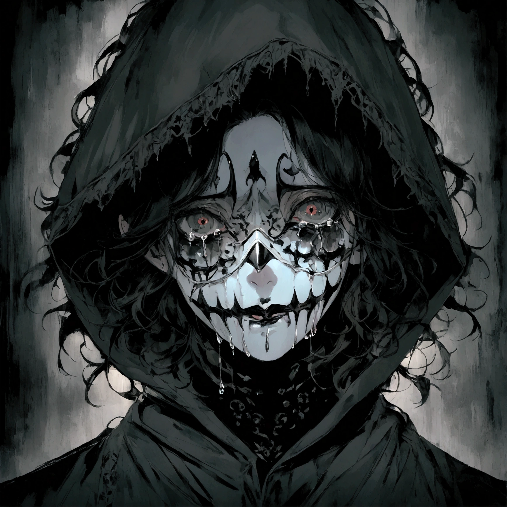a male with a hooded sweatshirt on wearing a scary mask crying black tears, serial killer aesthetic