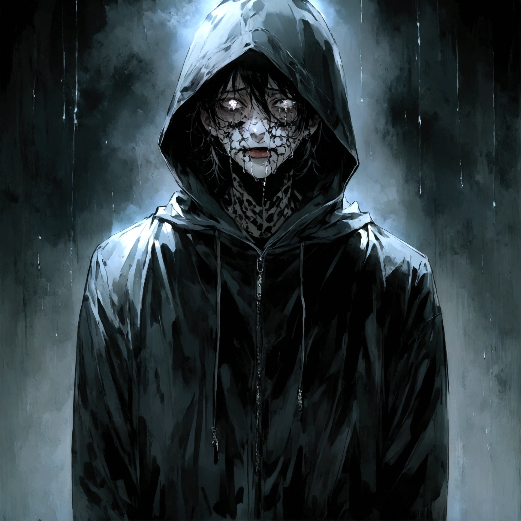 a male with a hooded sweatshirt on wearing a scary mask crying black tears, serial killer aesthetic
