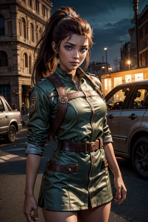 
iliaamitola, ilia amitola, smiling, long hair, blue eyes, brown hair, ponytail, dark skin, dark-skinned female, BREAK khaki mini dress belts, BREAK outdoors, standing near river running next to colosseum, bonfires, wrecked vehicles, crowd, (crowd in military dress), post-apocalypse, dystopian future, crowd, (crowd in military uniforms), (volumetric lighting), best quality, masterpiece, intricate details, tonemapping, sharp focus, hyper detailed, BREAK looking at viewer, (cowboy shot:1.5), BREAK (masterpiece:1.2), best quality, high resolution, unity 8k wallpaper, (illustration:0.8), (beautiful detailed eyes:1.6), extremely detailed face, perfect lighting, extremely detailed CG, (perfect hands, perfect anatomy), 
