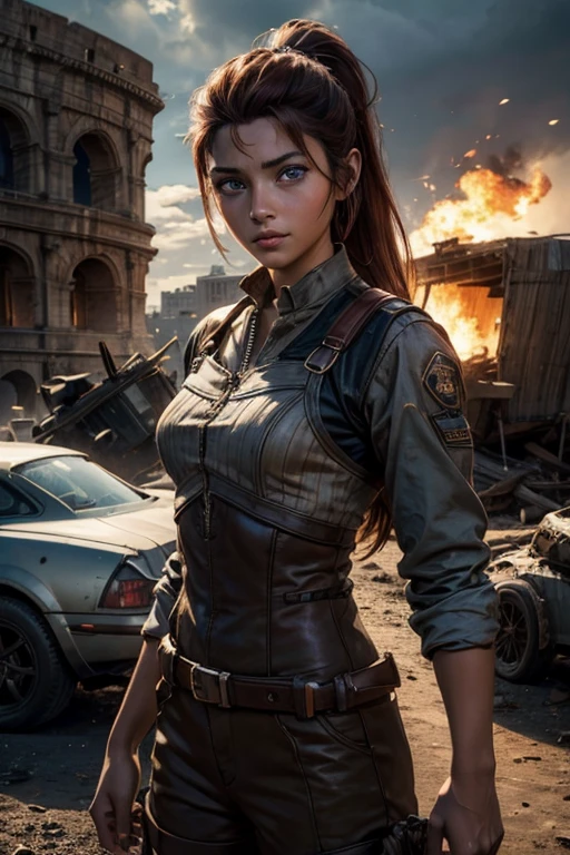 
iliaamitola, ilia amitola, smiling, long hair, blue eyes, brown hair, ponytail, dark skin, dark-skinned female, BREAK khaki mini dress belts, BREAK outdoors, standing near river running next to colosseum, bonfires, wrecked vehicles, crowd, (crowd in military dress), post-apocalypse, dystopian future, crowd, (crowd in military uniforms), (volumetric lighting), best quality, masterpiece, intricate details, tonemapping, sharp focus, hyper detailed, BREAK looking at viewer, (cowboy shot:1.5), BREAK (masterpiece:1.2), best quality, high resolution, unity 8k wallpaper, (illustration:0.8), (beautiful detailed eyes:1.6), extremely detailed face, perfect lighting, extremely detailed CG, (perfect hands, perfect anatomy), 
