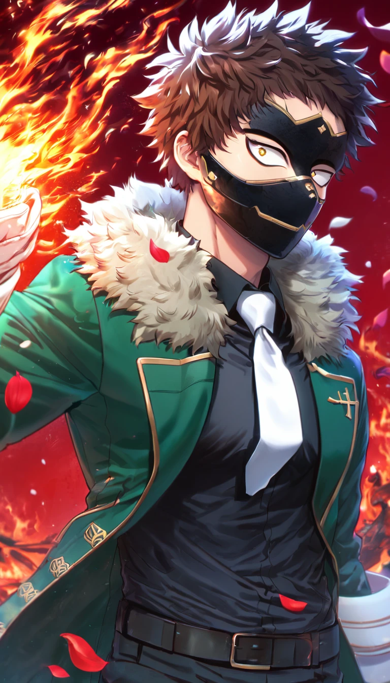 Ultra detailed, Highres, absurdres, HDR, Chisaki Kai, Overhaul, dark brown hair, short hair, short bangs, expressive golden eyes, Boku No Hero Academia, red flowers, petals, handsome, sexy man, solo, very detailed eyes and face, glittering, master piece, fantasy, cross, best quality, dark oliver-green coat with fur, white necktie, black shirt, white gloves, red background, fire, black pants, black face mask, magic, toned chest