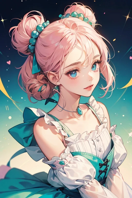 Ms. Trimmertchi has light pink skin, small pink lips, and blue eyes. She has two fluffy buns on top of her head: the right one has an orange comb accessory and the left one has a cream scissors accessory. She has three spherical beads on top of her head which are pink, blue, and green. She wears a blue bow on the left side of her head. She has two thin bangs that hang down on either side of her face, and the bangs have three beads each like the ones on top of her head. She also has a swirly hair on her forehead which turns into a heart shape when she is happy. She wears a green apron over a white dress. SPARKLE; GLITTER