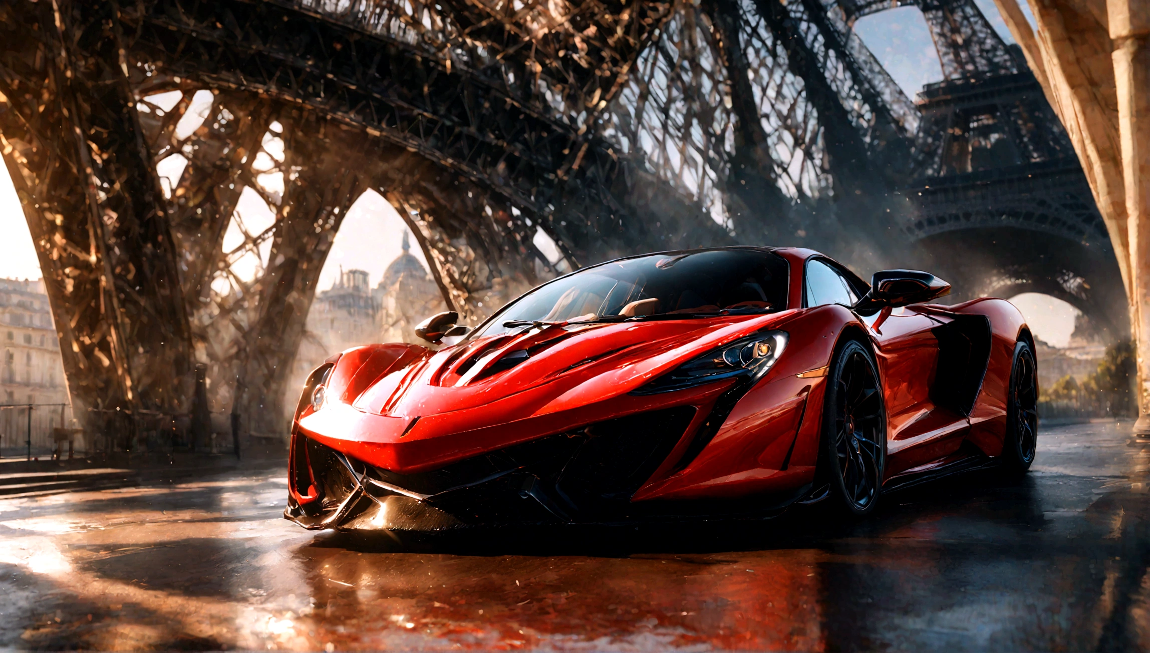 a red and black supercar, aggressive design, eiffel tower in the background, hyperrealistic, 8k, photorealistic, studio lighting, cinematic composition, dramatic lighting, chiaroscuro, vibrant colors, dramatic shadows, glossy finish, intricate details, mechanical precision, speed blur, motion blur
