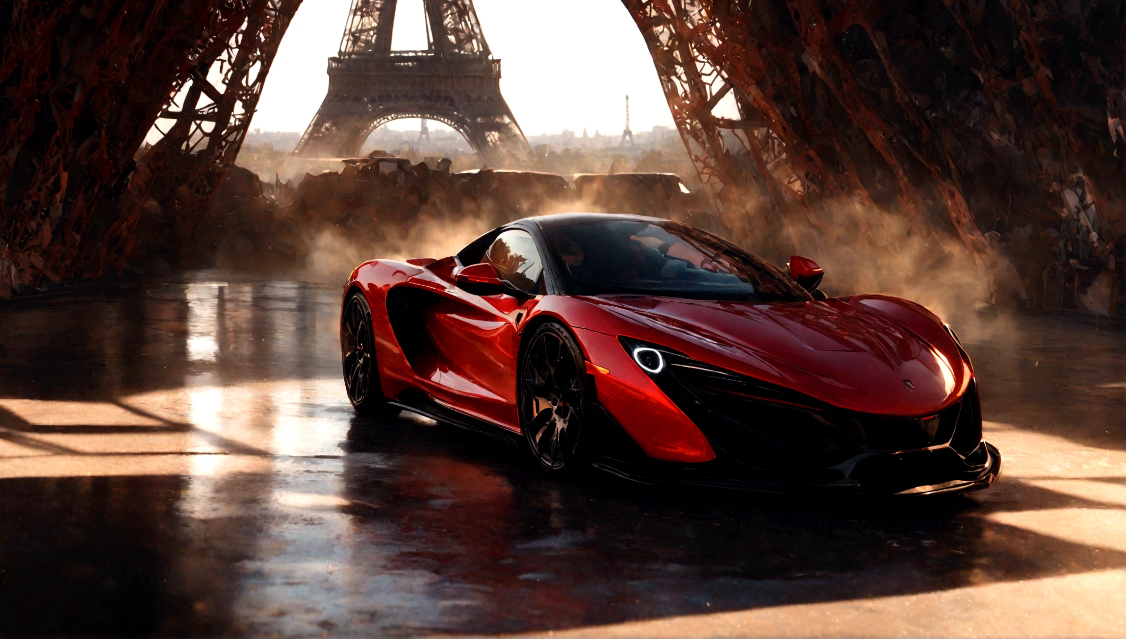 a red and black supercar, aggressive design, eiffel tower in the background, hyperrealistic, 8k, photorealistic, studio lighting, cinematic composition, dramatic lighting, chiaroscuro, vibrant colors, dramatic shadows, glossy finish, intricate details, mechanical precision, speed blur, motion blur